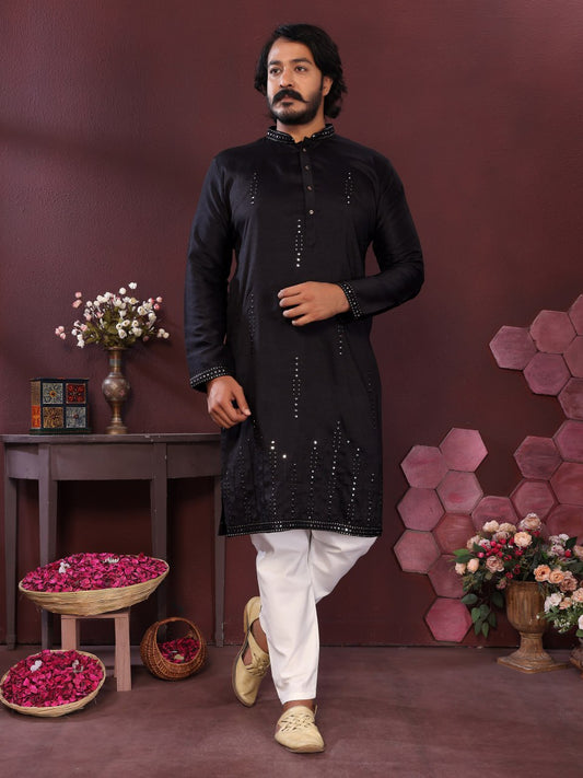 Premium Smart Silk With Embroidery Mirror work Men's Kurta