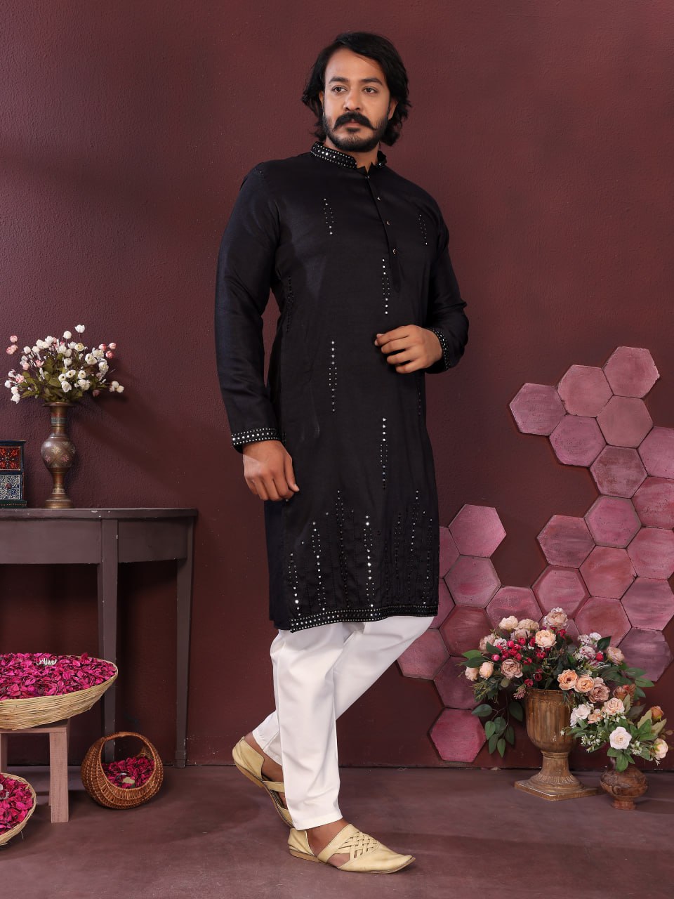 Premium Smart Silk With Embroidery Mirror work Men's Kurta