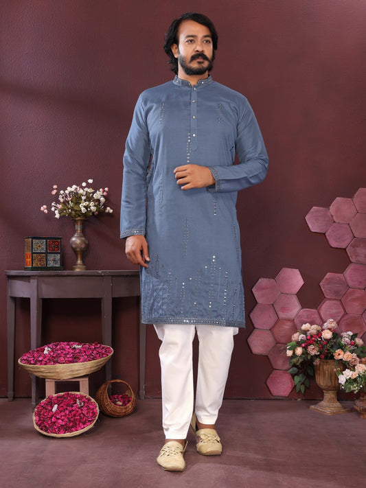 Premium Smart Silk With Embroidery Mirror work Men's Kurta