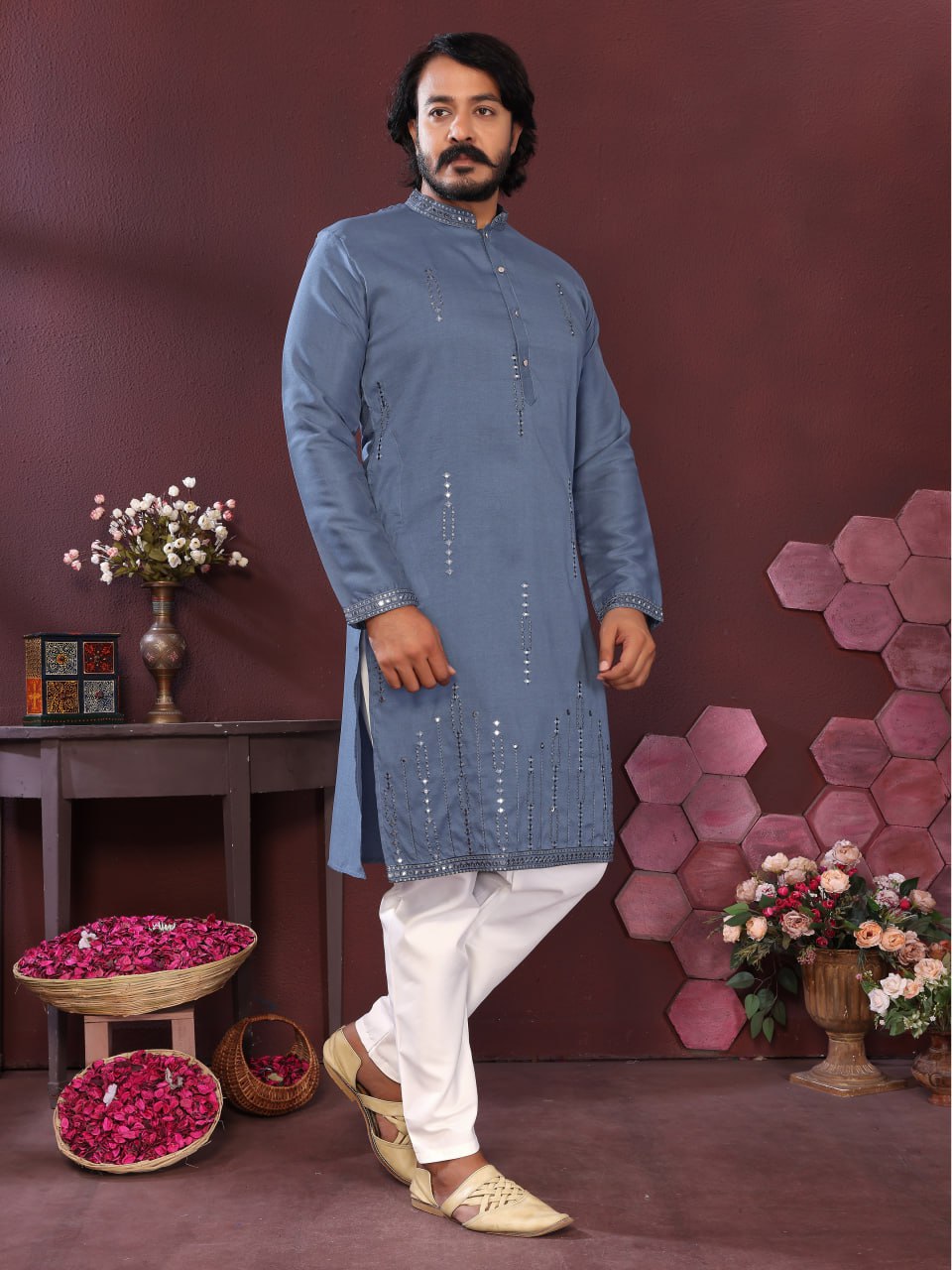 Premium Smart Silk With Embroidery Mirror work Men's Kurta