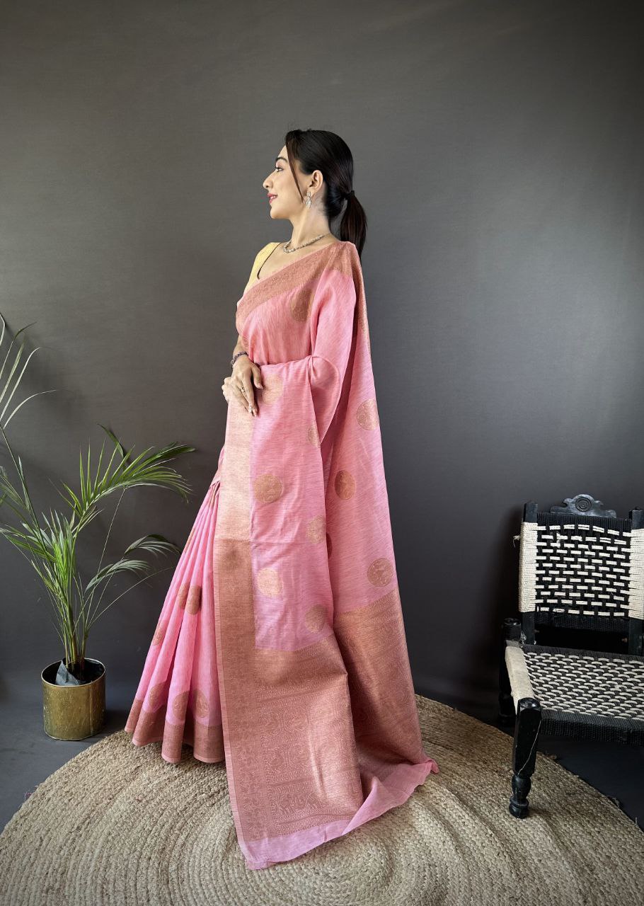 Pure linen Silk with adorable Copper Gold Jari Saree
