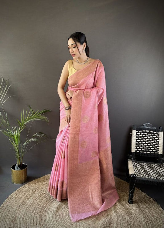 Pure linen Silk with adorable Copper Gold Jari Saree