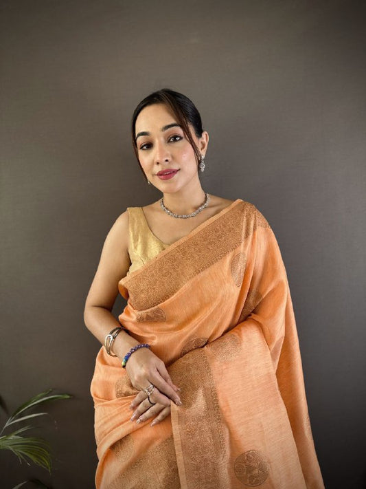 Pure linen Silk with adorable Copper Gold Jari Saree