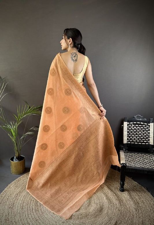 Pure linen Silk with adorable Copper Gold Jari Saree