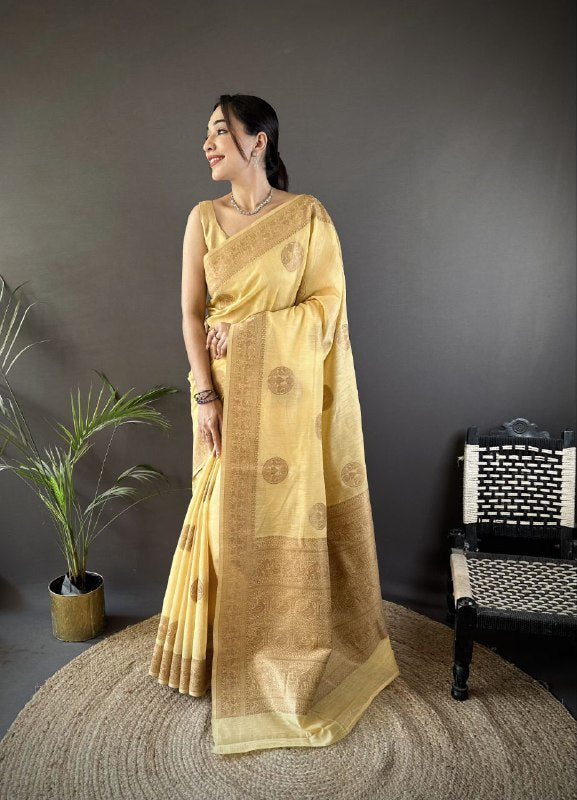 Pure linen Silk with adorable Copper Gold Jari Saree