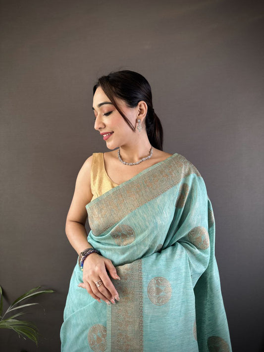 Pure linen Silk with adorable Copper Gold Jari Saree