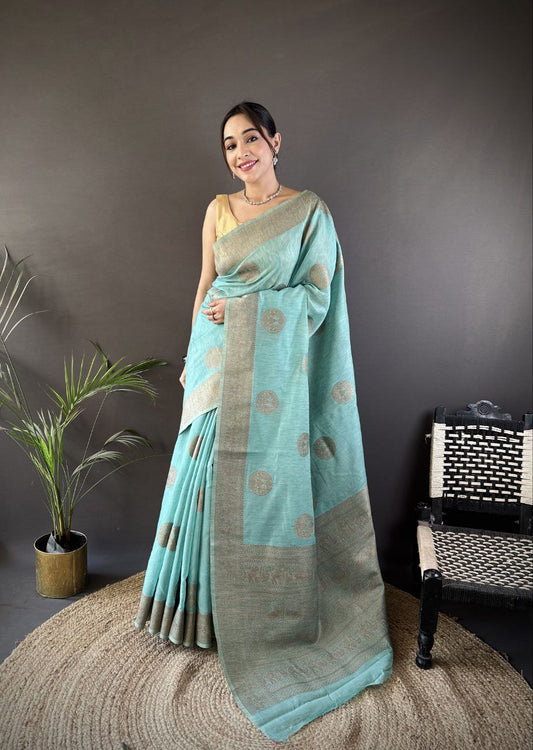 Pure linen Silk with adorable Copper Gold Jari Saree