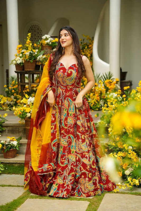 pure organza silk digital printed padded gown