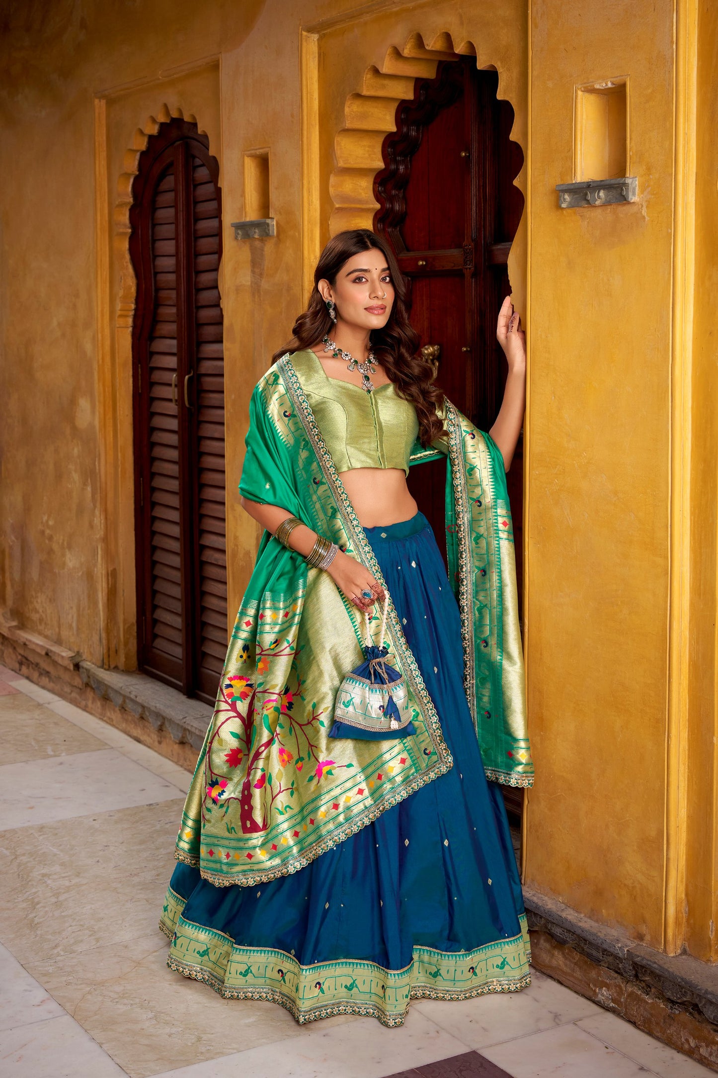 Soft Silk (Paithani) Zari Weaving Work With Sequins and Thread Embroidery Lehenga Choli
