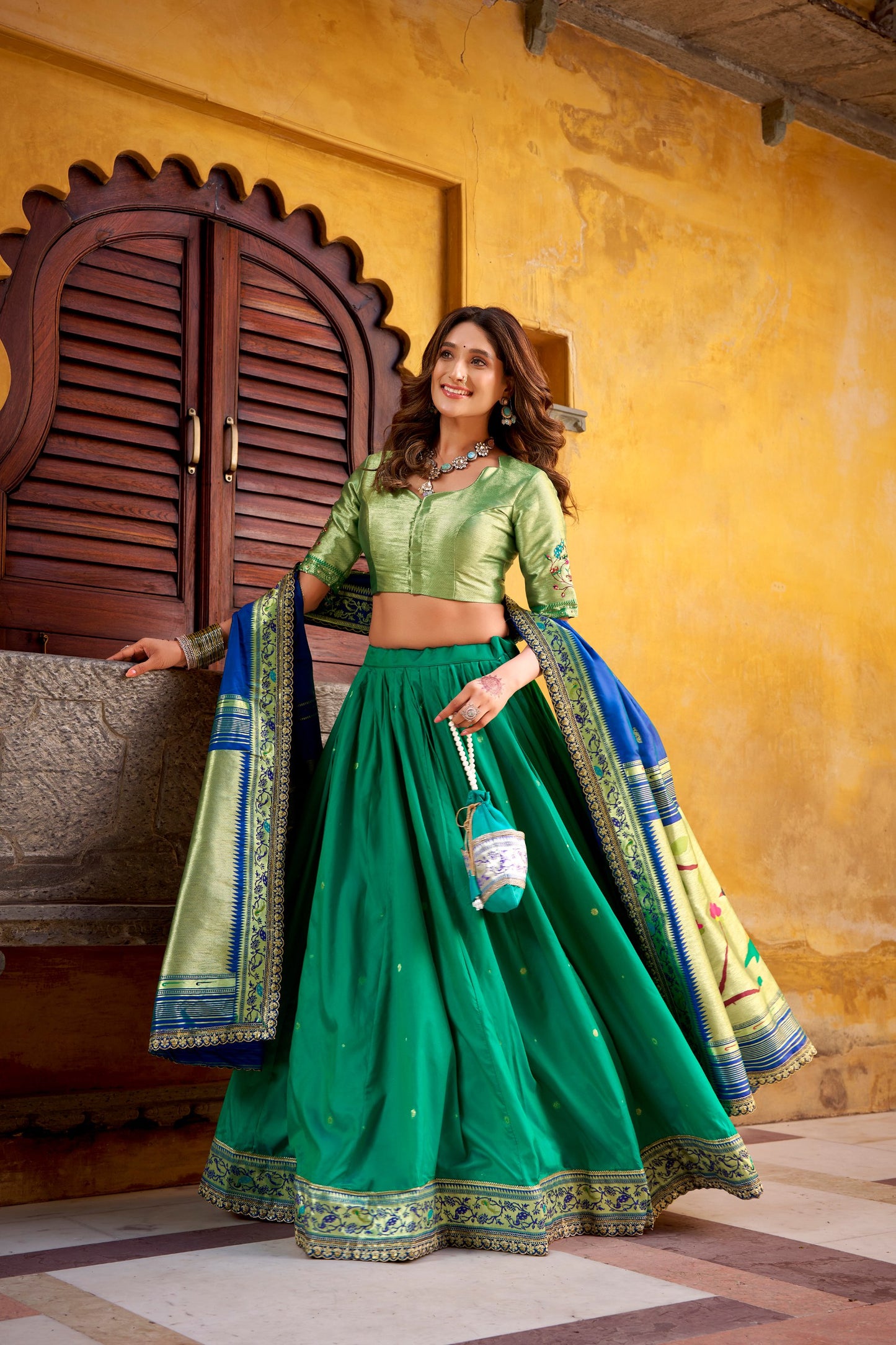 Soft Silk (Paithani) Zari Weaving Work With Sequins and Thread Embroidery Lehenga Choli