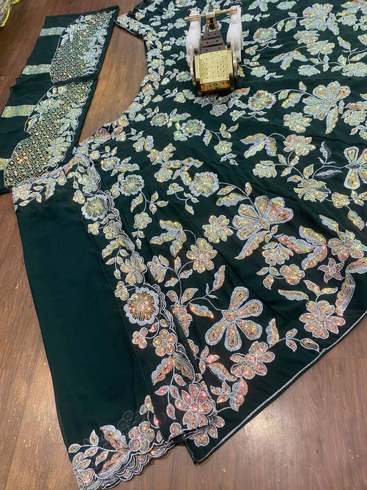 Replica Launching 4 meter flared Fox Georgette Sequins Embroidered Work Lehenga