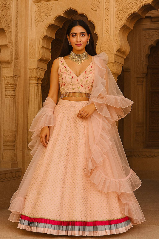 Georgette lehnga with sequins work and frill border work Lehenga