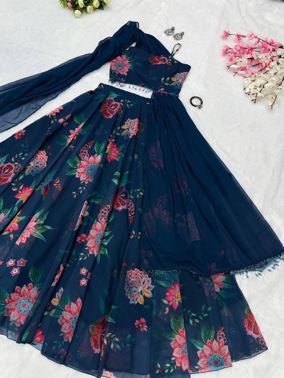 georgette Floral printed blouse with handwork lace