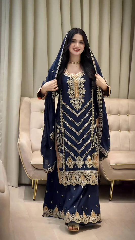 EID SPECIAL SEQUENCE EMBROIDERY ON SILK FABRIC TOP AND PLAZZO