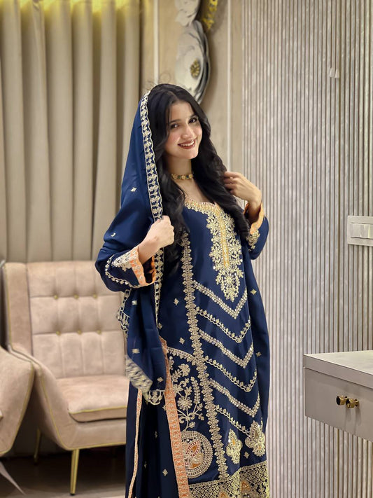 EID SPECIAL SEQUENCE EMBROIDERY ON SILK FABRIC TOP AND PLAZZO