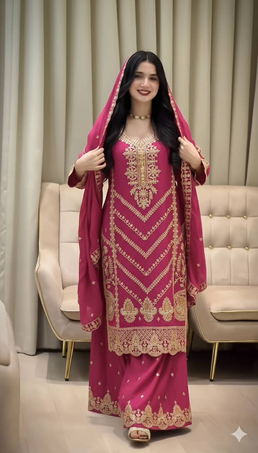 EID SPECIAL SEQUENCE EMBROIDERY ON SILK FABRIC TOP AND PLAZZO