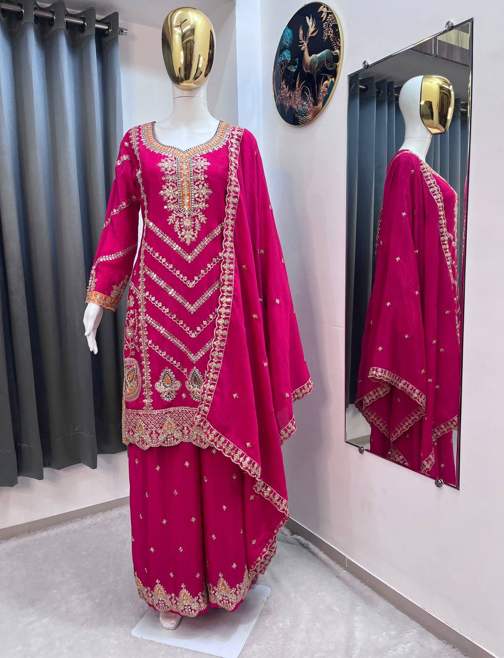 EID SPECIAL SEQUENCE EMBROIDERY ON SILK FABRIC TOP AND PLAZZO