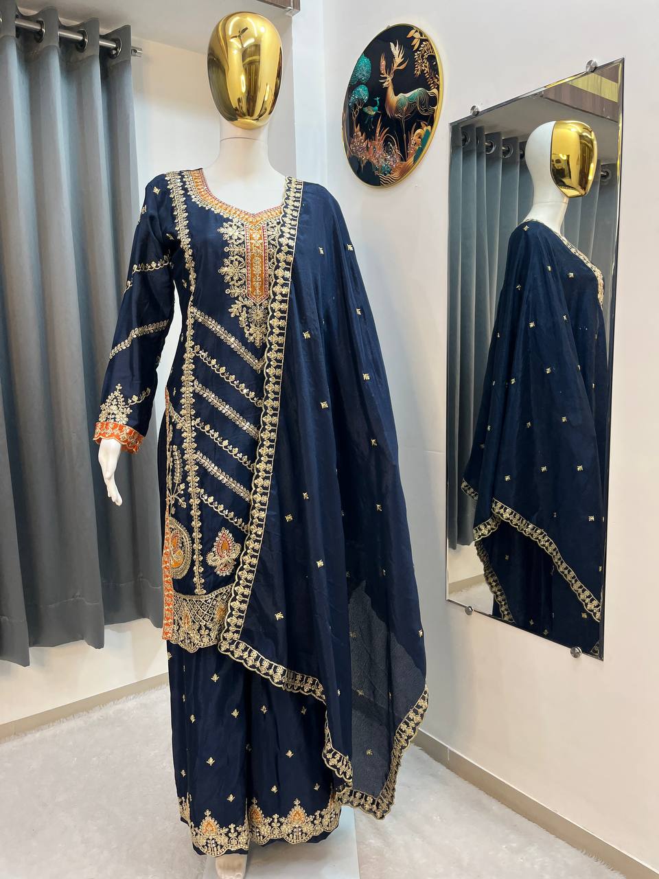 EID SPECIAL SEQUENCE EMBROIDERY ON SILK FABRIC TOP AND PLAZZO