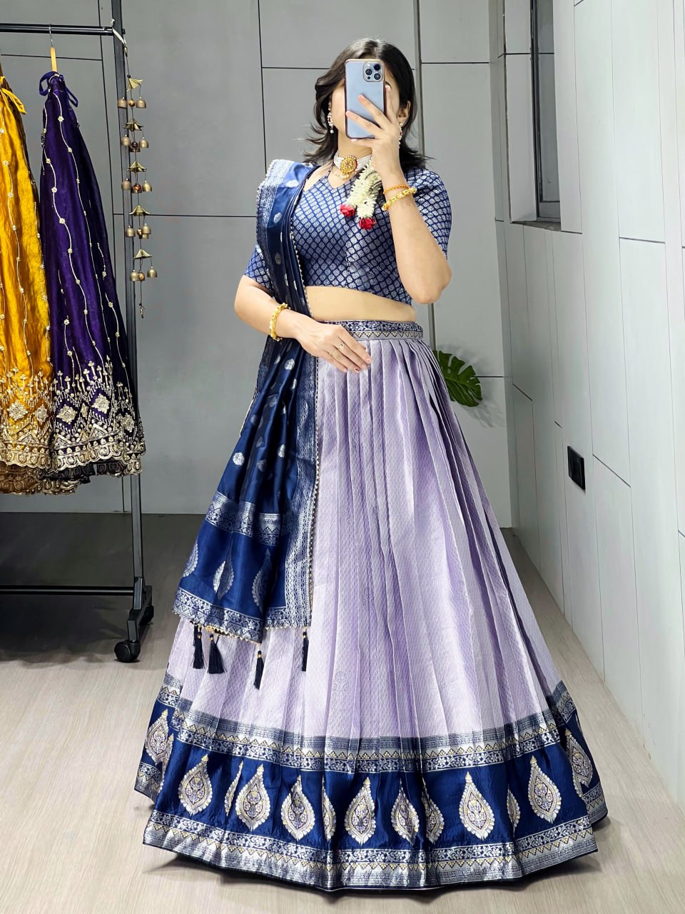 Kanchipuram Silk Zari Weaving With Contrast Border and Silver Golden Zari Detailings Lehenga