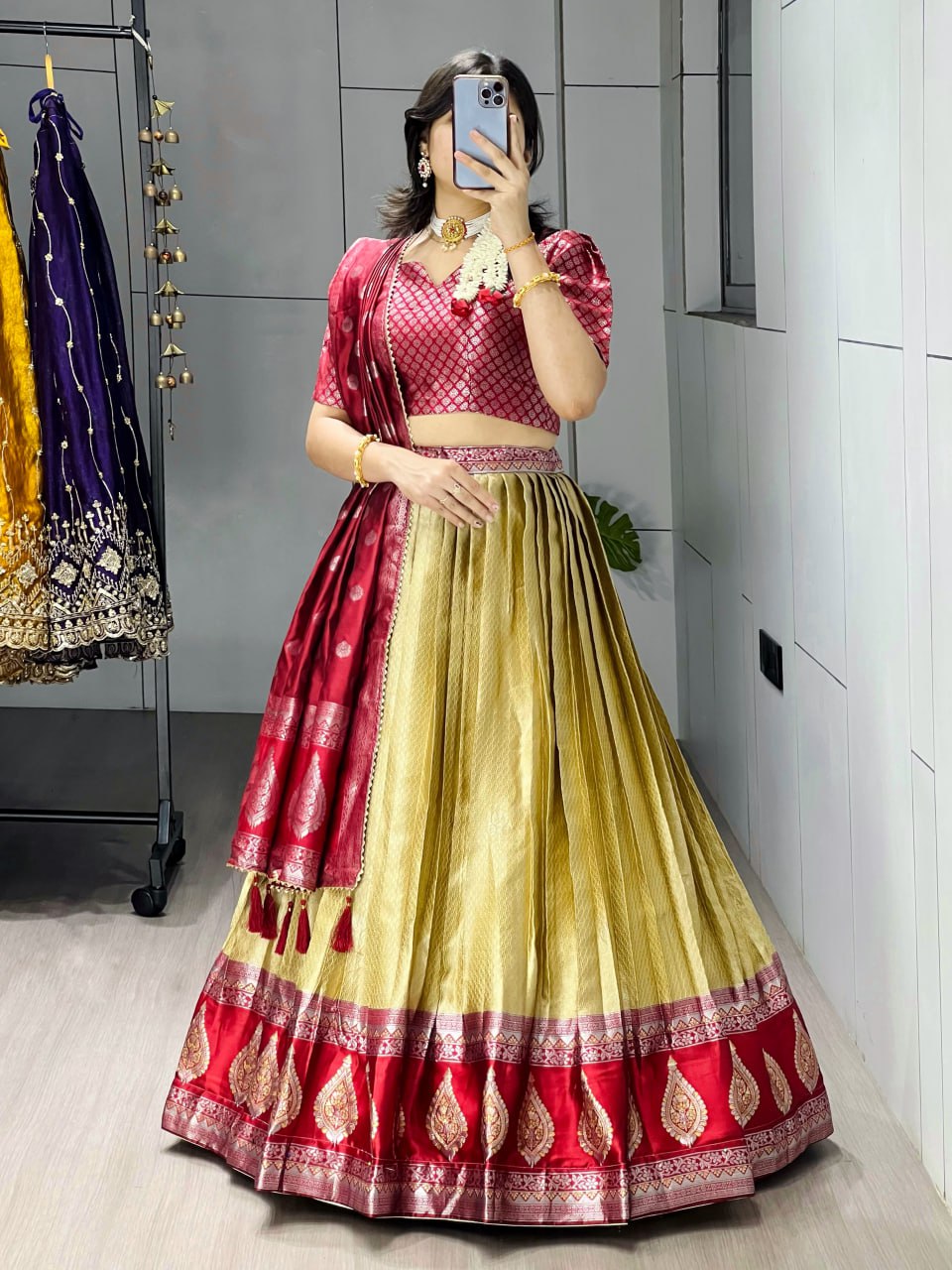 Kanchipuram Silk Zari Weaving With Contrast Border and Silver Golden Zari Detailings Lehenga