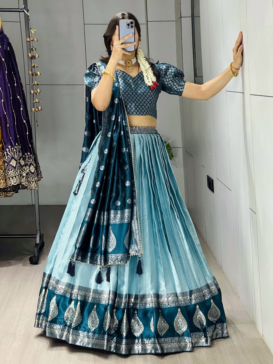 Kanchipuram Silk Zari Weaving With Contrast Border and Silver Golden Zari Detailings Lehenga