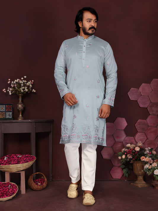 Premium Smart Silk With Embroidery sequence work Men's Kurta