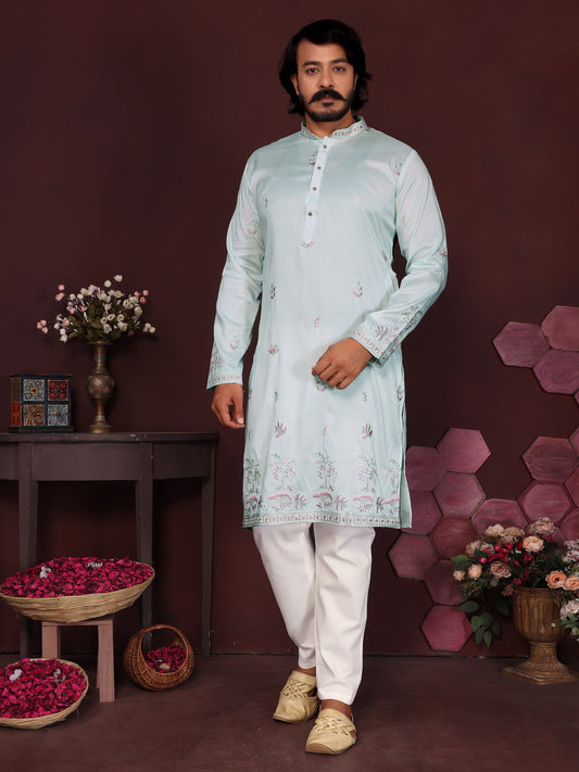 Premium Smart Silk With Embroidery sequence work Men's Kurta