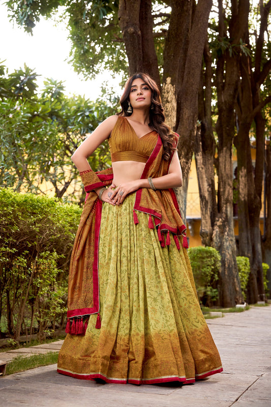 Vichitra silk lehenga with delicate prints brings heritage vibes