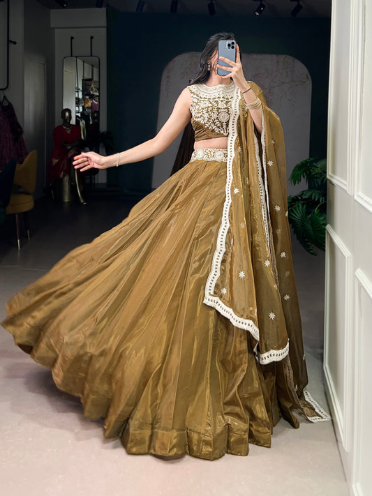 Chanda Silk Plain With Sequins and Thread Embroidery Work Belt Lehenga Choli