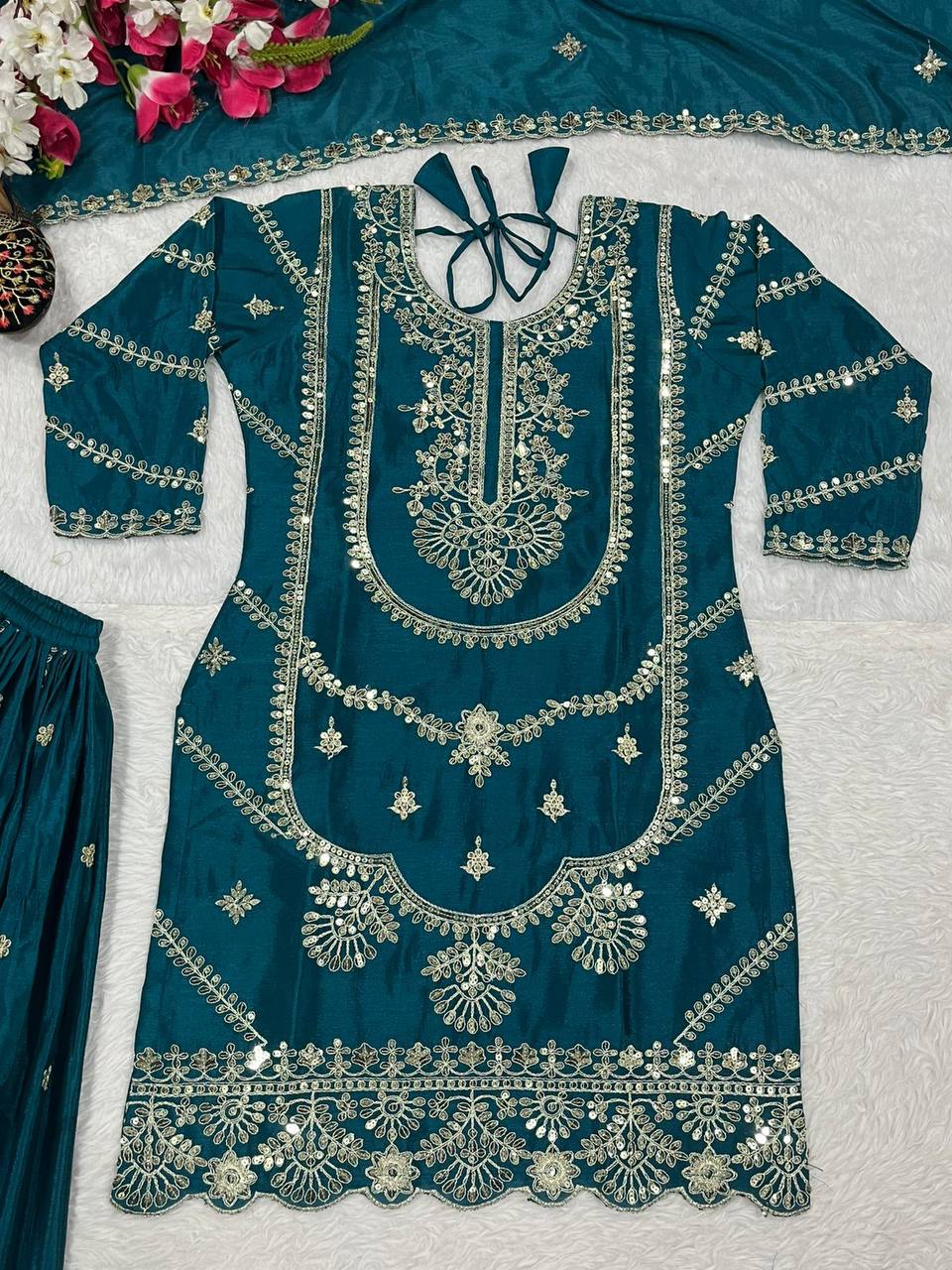 Pure Heavy Chinnon Silk With Heavy Embroidery Coding Sequence Work