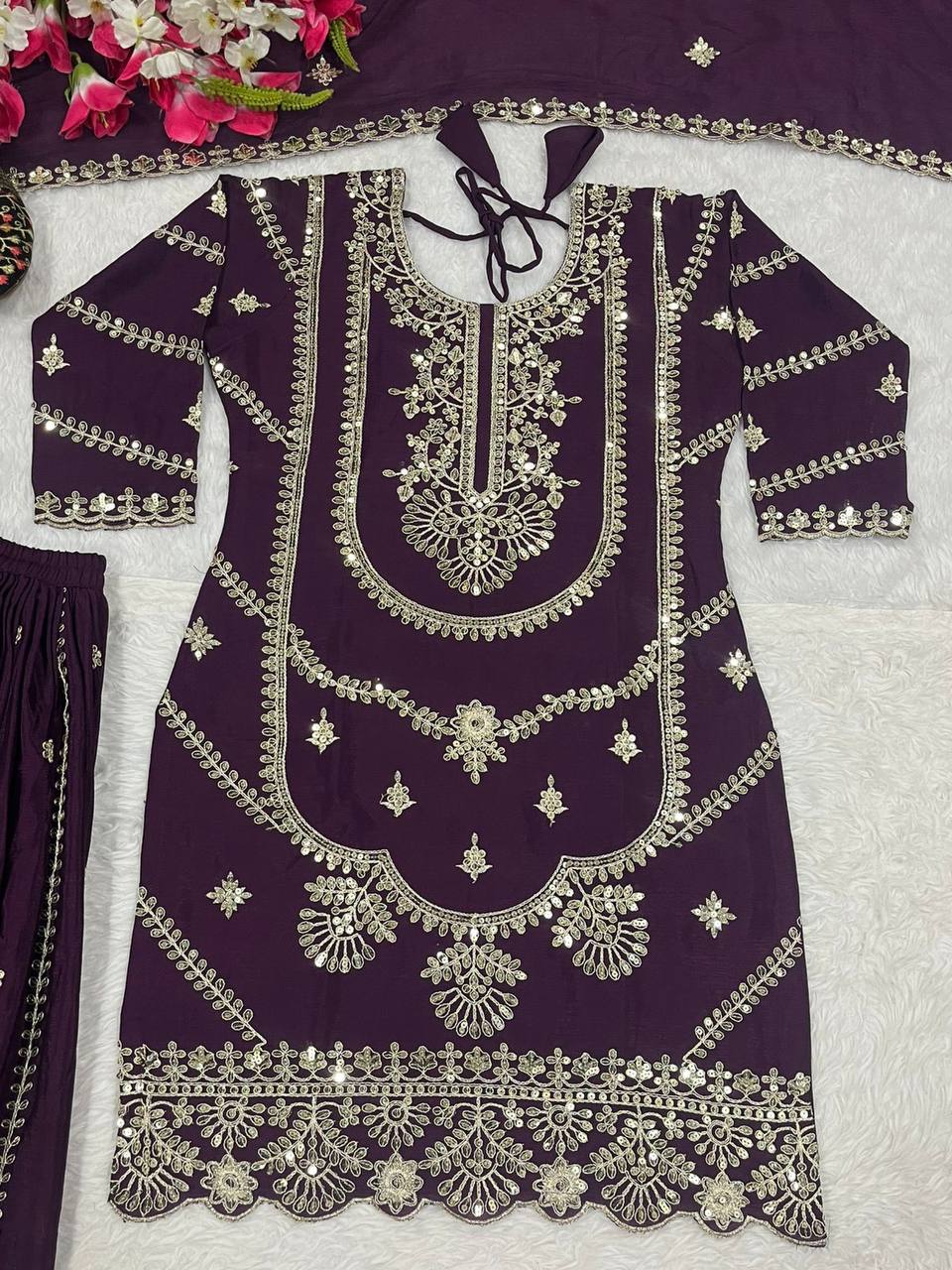 Pure Heavy Chinnon Silk With Heavy Embroidery Coding Sequence Work