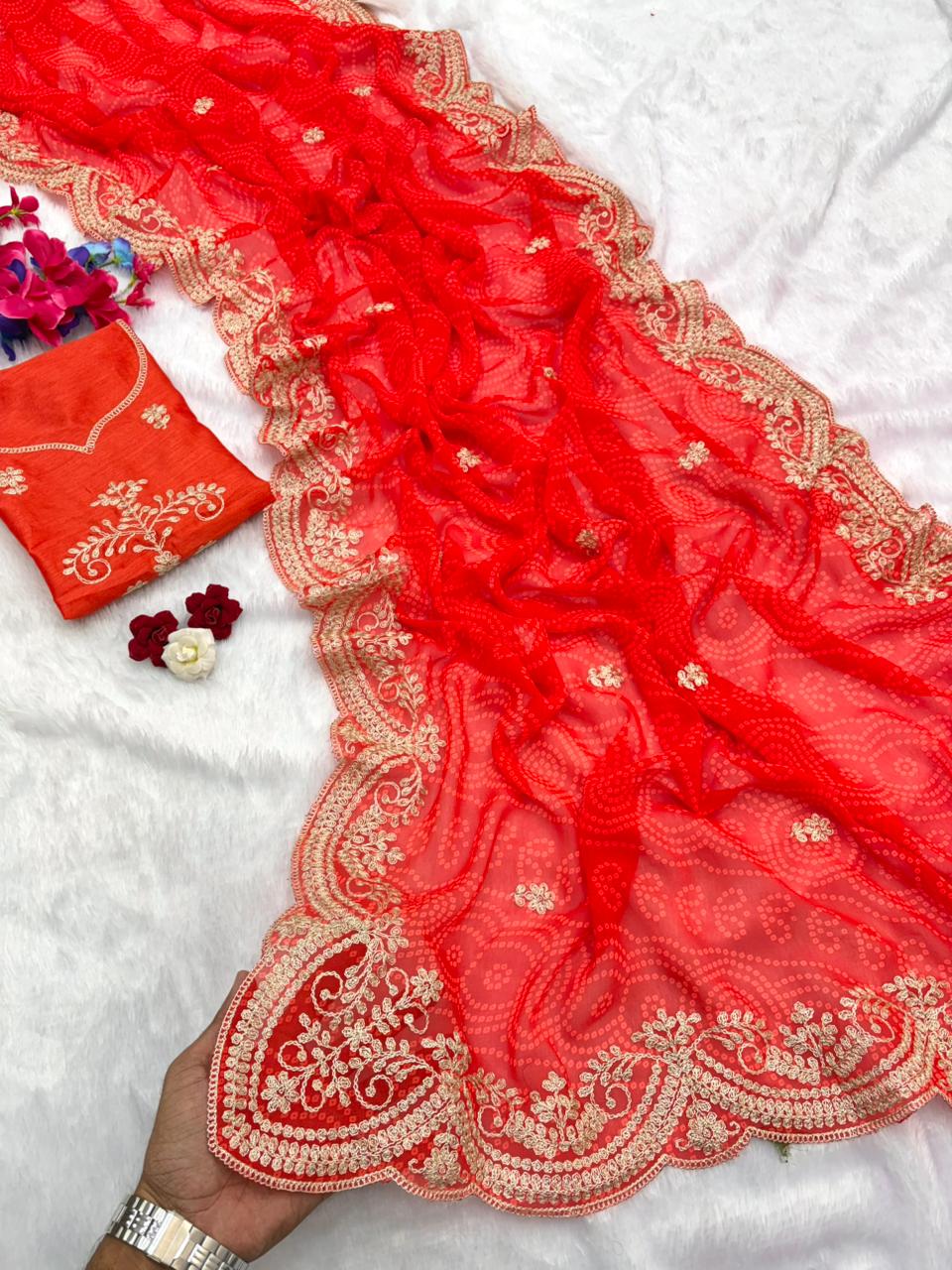 beautiful soft Georgette Bandhej print saree