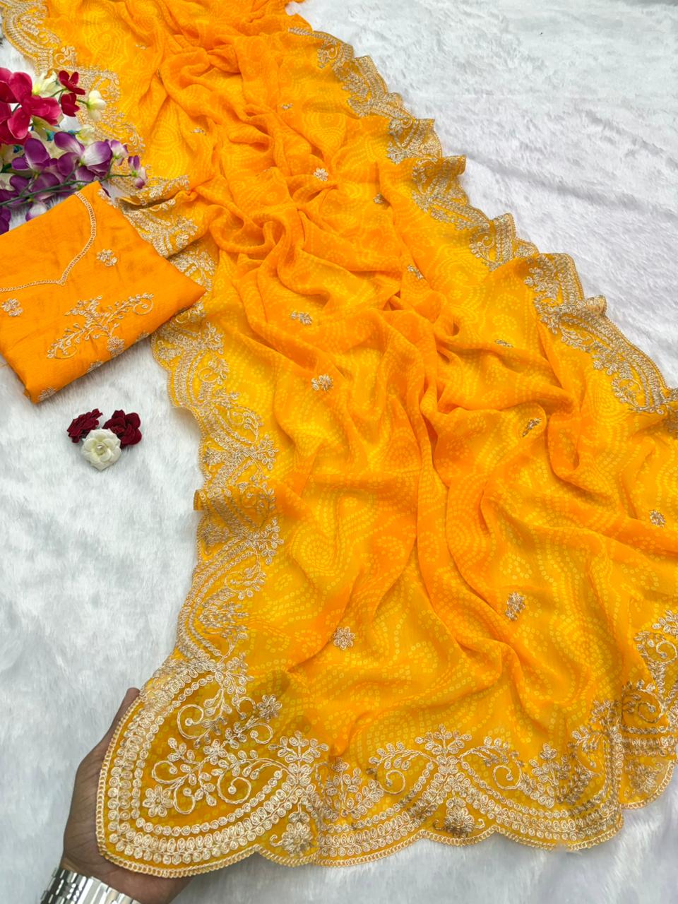 beautiful soft Georgette Bandhej print saree