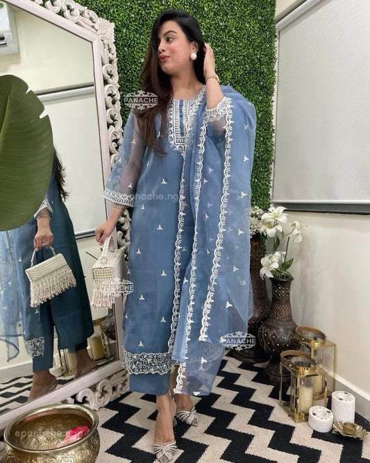 Magnifique travail de broderie au fil blanc épais