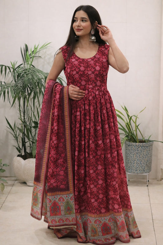 Digital printed Pure organza silk suit with huge flair