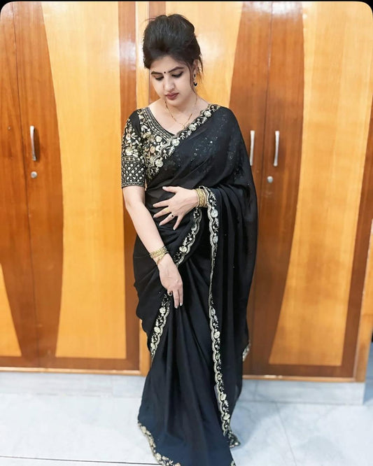 HEAVY SOFT BLACK RANGOLI SILK FABRIC SAREE