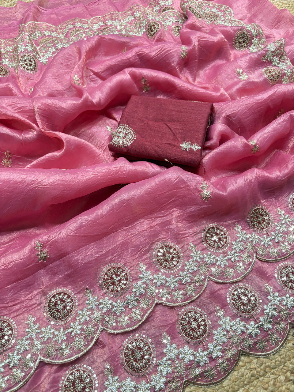 Premium Gold crush with c pallu embroidery work and multi Thread saree