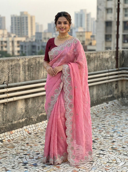 Premium Gold crush with c pallu embroidery work and multi Thread saree