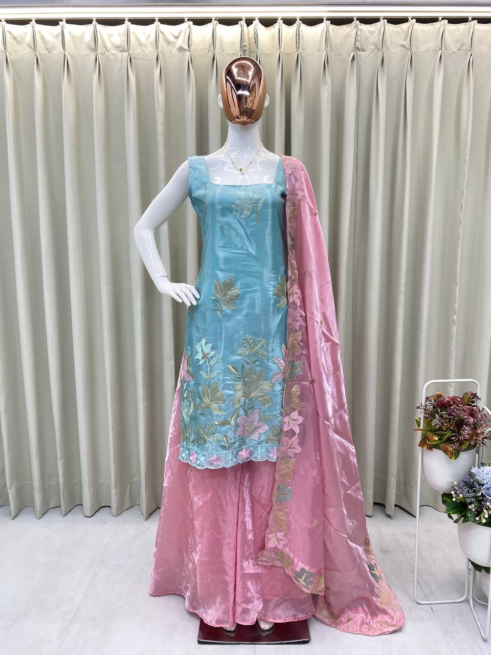 DESIGNER TRENDING PAIR OF JIMMY CHU FABRIC, TOP WITH EMBROIDERY WORK