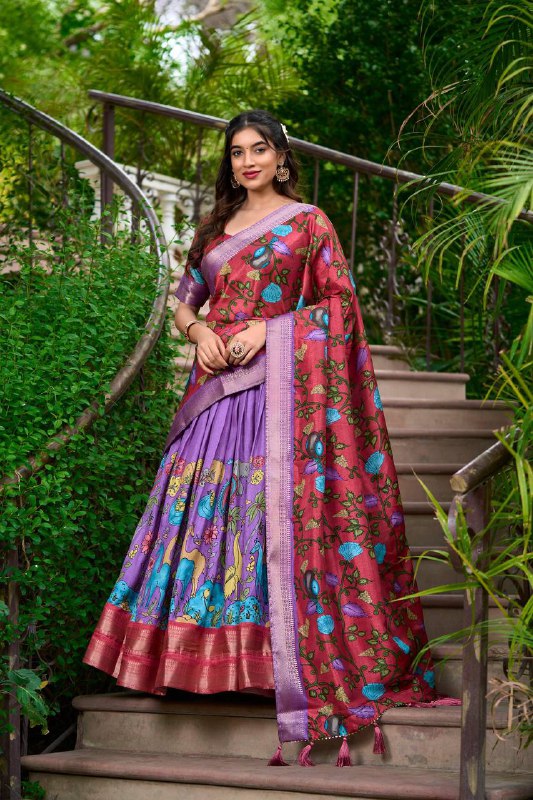 Dola Silk Kalamkari Print With Weaving Border Lehenga