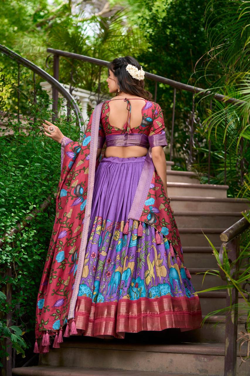 Dola Silk Kalamkari Print With Weaving Border Lehenga