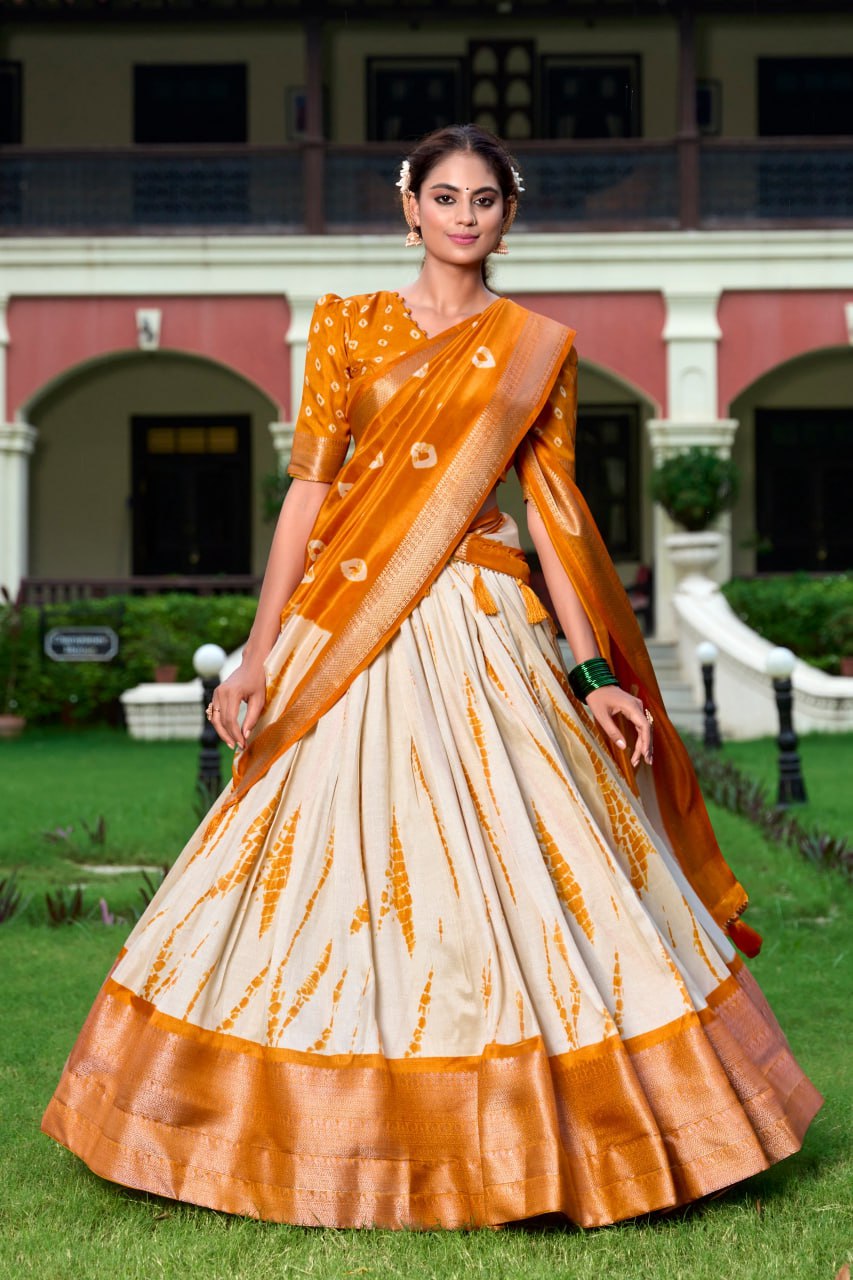 Dola Silk Shibori Print With Zari Weaving Border Lehenga