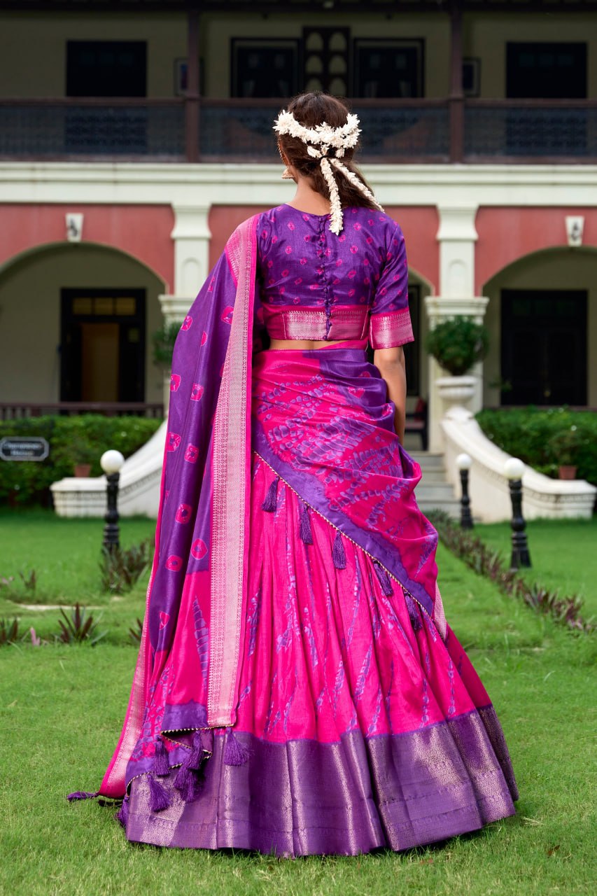 Dola Silk Shibori Print With Zari Weaving Border Lehenga