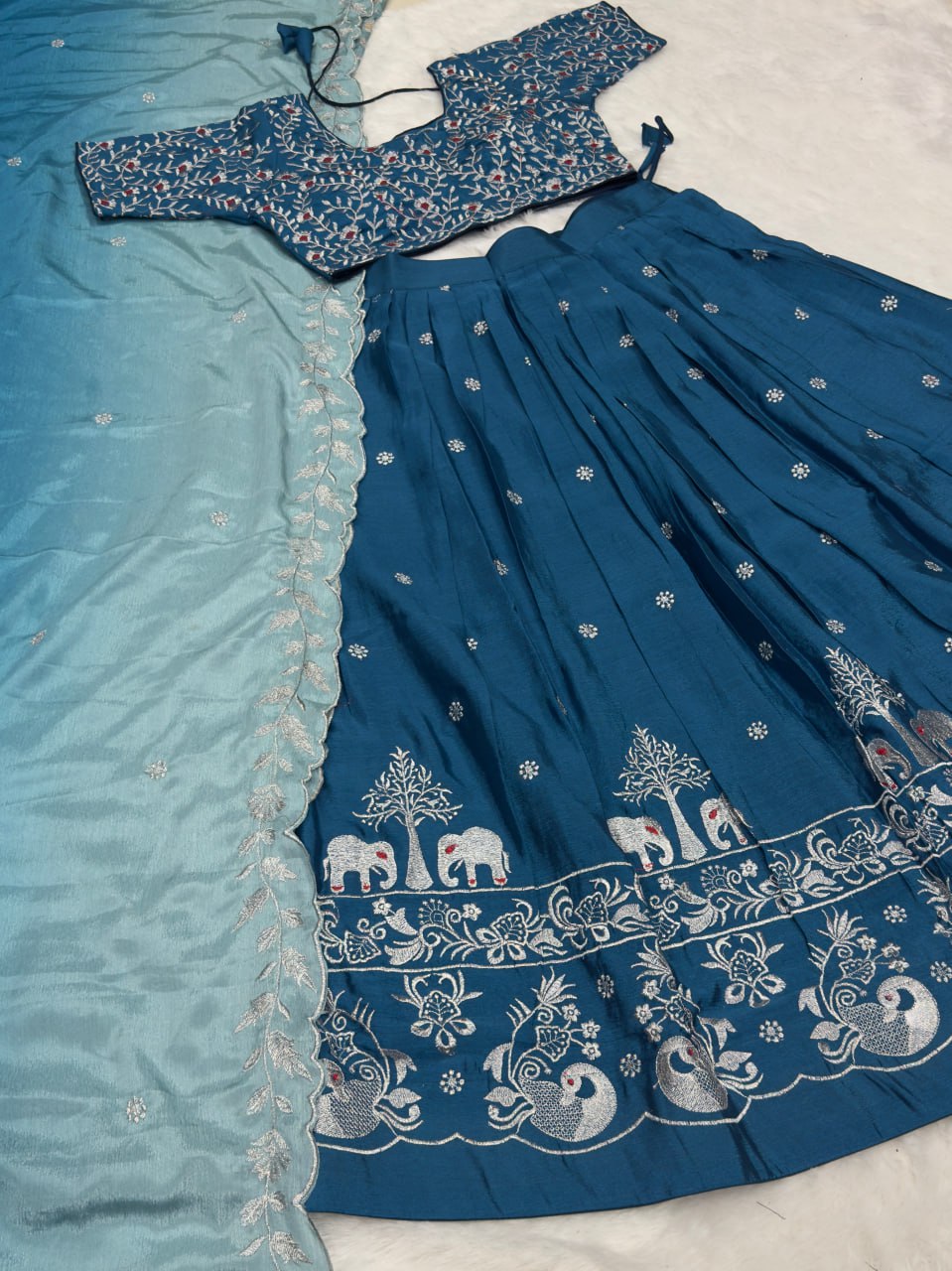 Soft Chinon Silk Embroidery Work With Silver Zari & Red Thread Lehenga