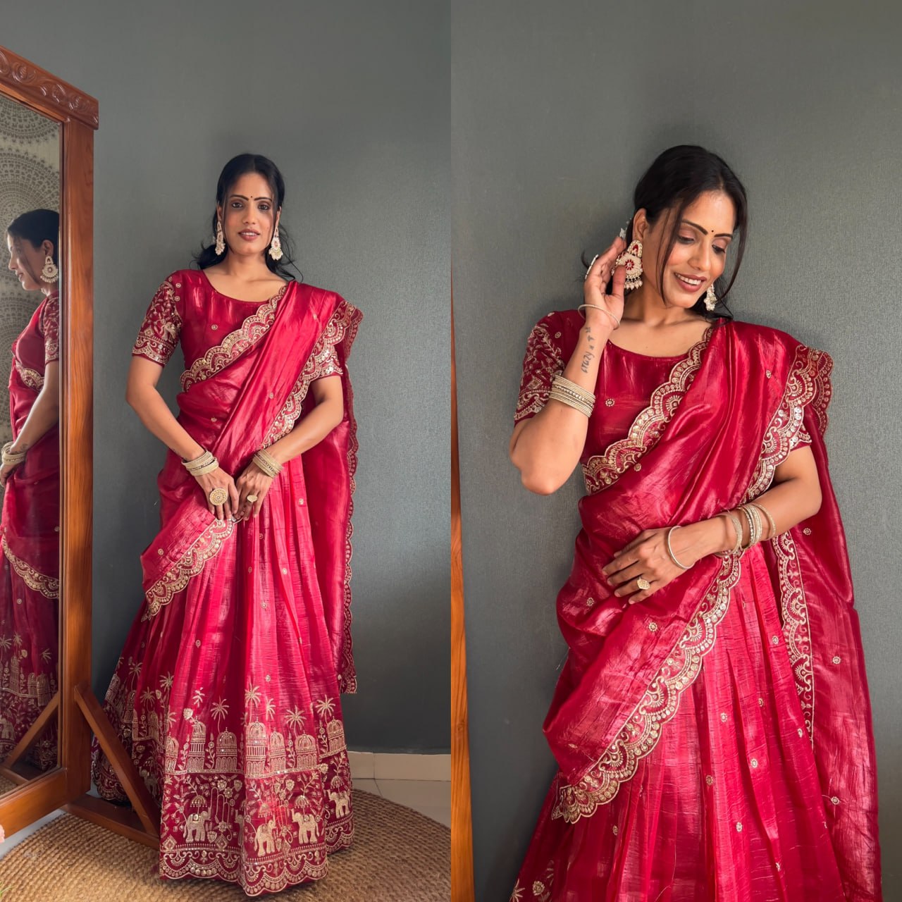 Brautmode, schwerer Kunstgeorgette-Stoff mit Stickereien und echter Spiegelarbeit, Handarbeit, Lehengas, Choli