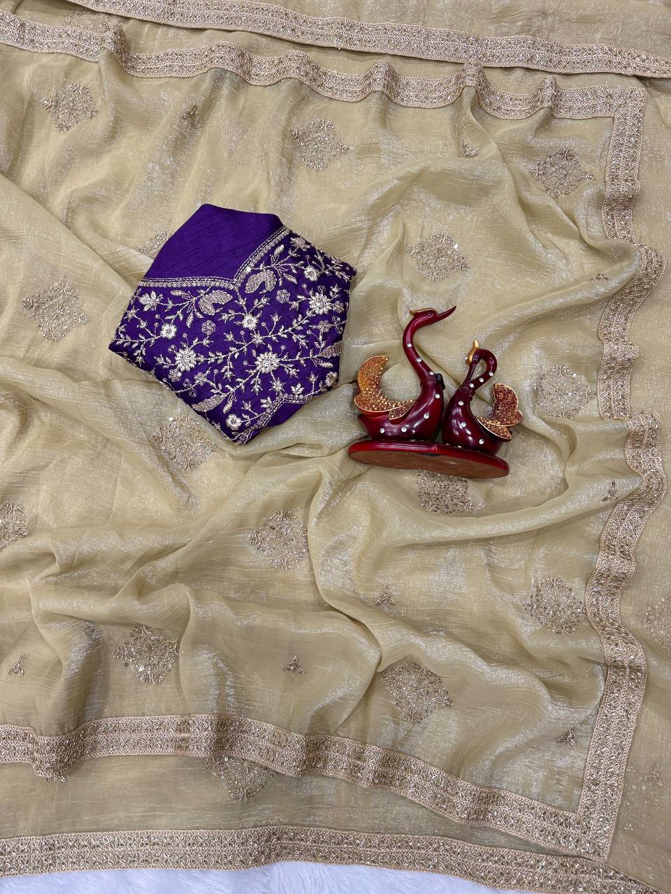 Soft Crunchy Silk Bead Sequins and dori embroidery work Saree