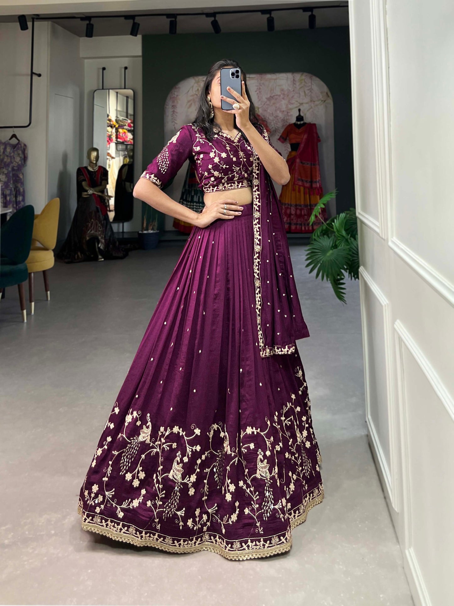 Vichitra Silk Sequins and Thread Embroidery Work Lehenga