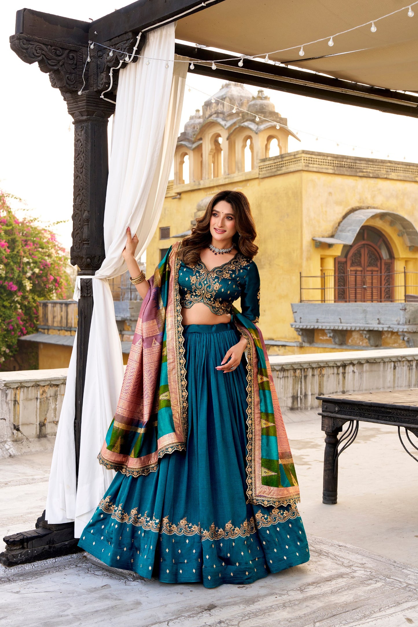 Vichitra Silk Sequins and Thread Embroidery Work Lehenga Choli
