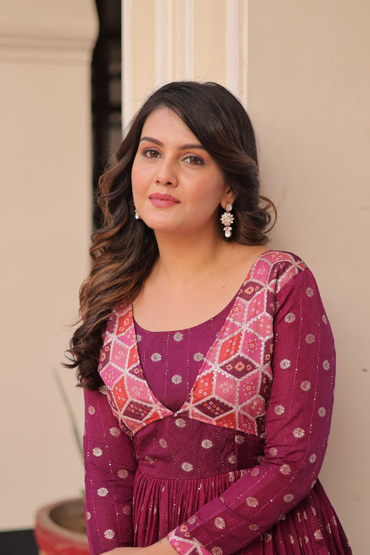 Position Print Choli with Staple Jequard Weaving work Gown