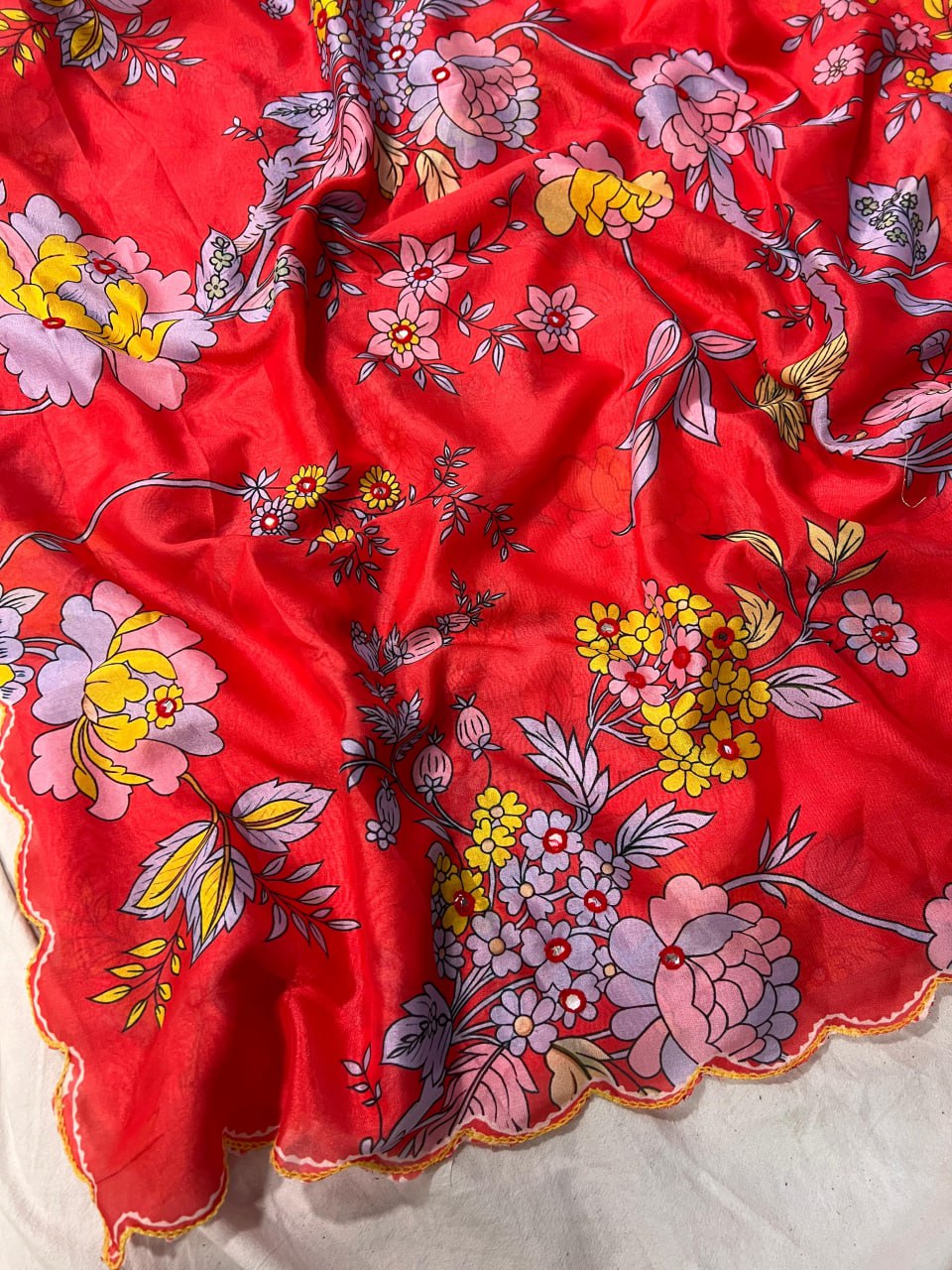 Soft Vichitra Digital Prints With Mirror Sequnce Work